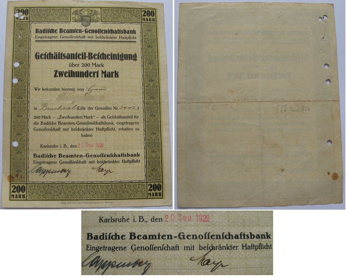  1922, German Reich, business share certificate-200 Mark,Badische officials-Genossenschaftsbank   