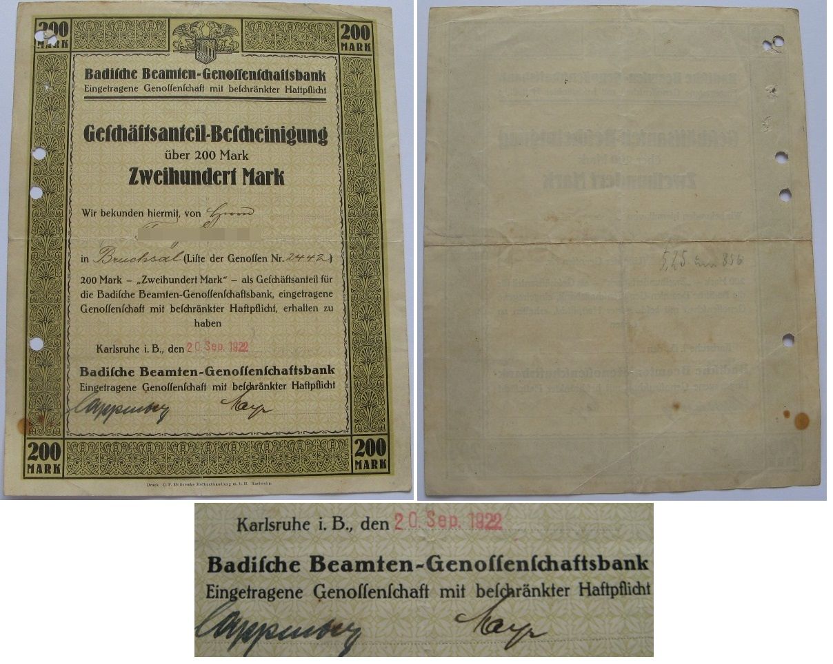  1922, Deutsches Reich, Geschäftsanteil-Bescheinigung Badische Beamten-Genossenschaftsbank, 200 Mark   