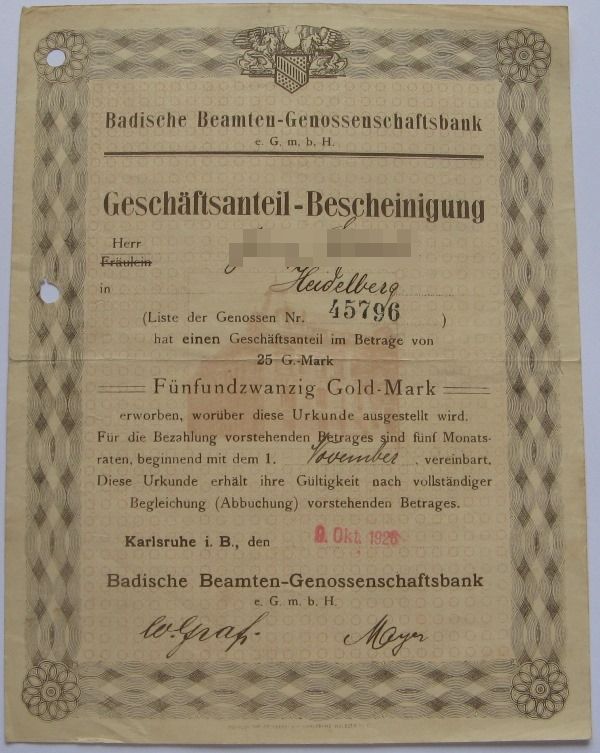  1926, German Reich, business share certificate-25 Gold Mark,Badische officials-Genossenschaftsbank   