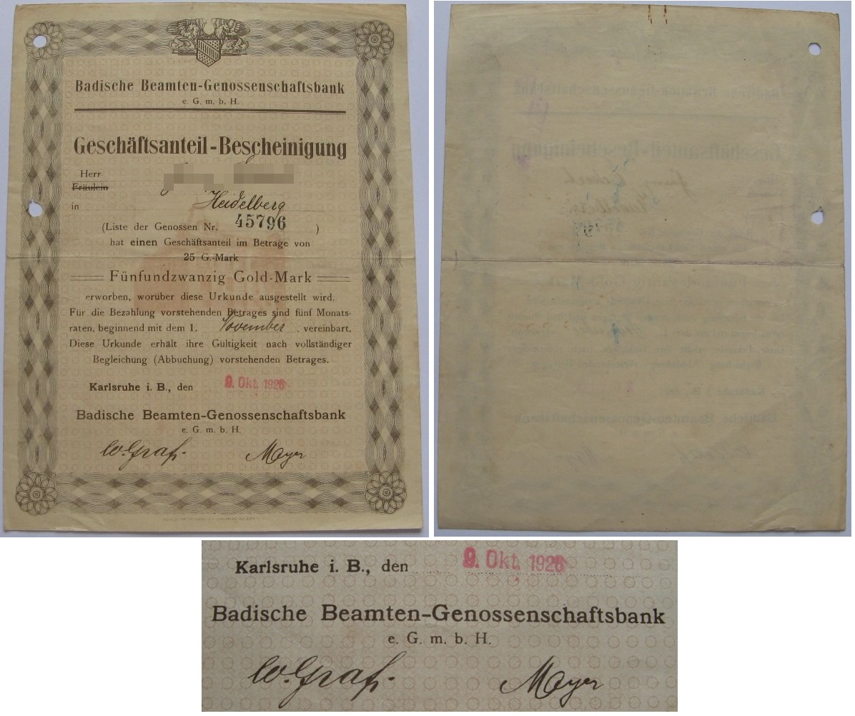  1926, German Reich, business share certificate-25 Gold Mark,Badische officials-Genossenschaftsbank   