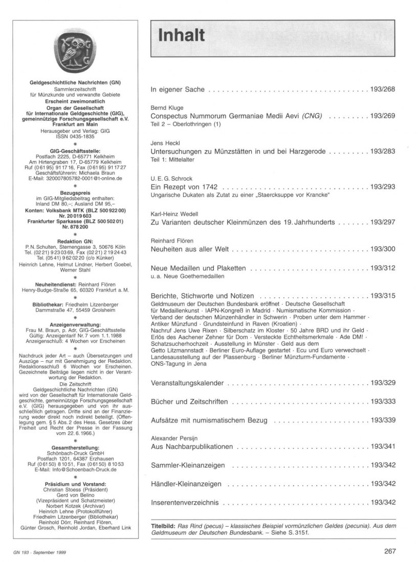  (GIG) Geldgeschichtliche Nachrichten Nr 193/1999 Münzstätten in & bei Harzgerode. Teil 1 Mittelalter   