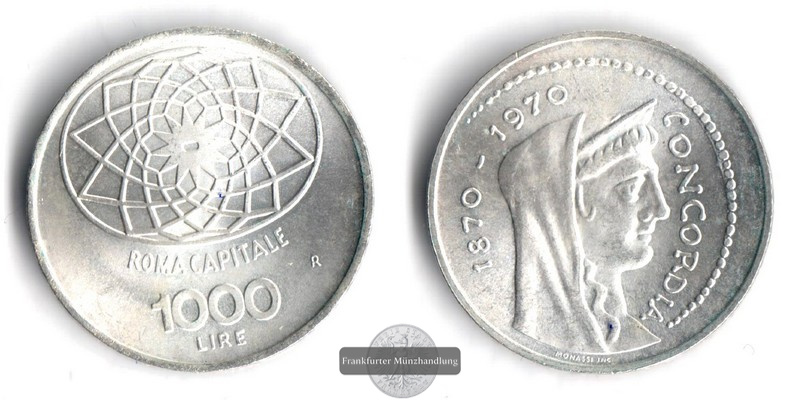  Italien 1000 Lire 1970  100 Jahre Roms als italienische Hauptstadt  FM-Frankfurt  Feinsilber: 12,19g   