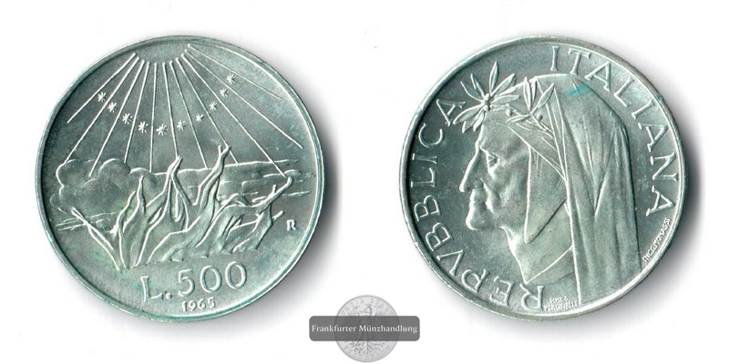  Italien 500 Lire 1965  700. Geburtstag von Dante Alighieri   Frankfurt  Feinsilber: 9,18g   