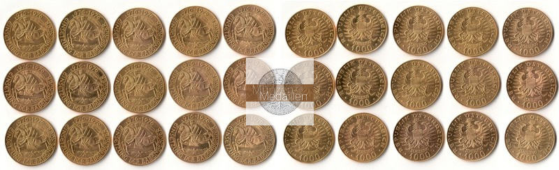 Österreich  1000 Schilling - 10 Stück MM-Frankfurt Feingold: 121,50g Einsetzung der Babenberger 1976 