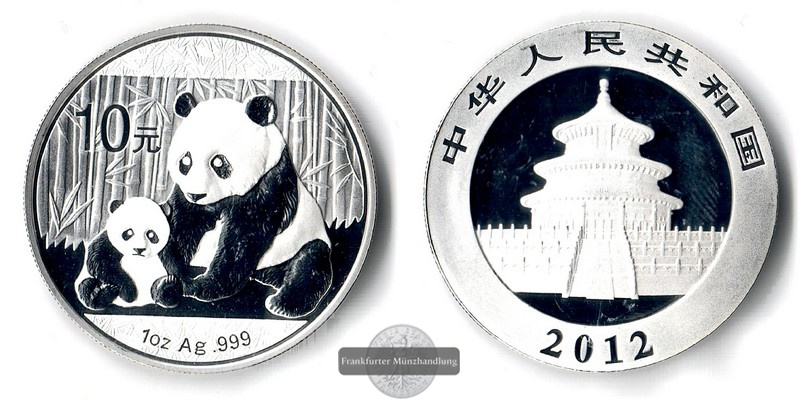  China, 10 Yuan 2012 Panda mit sitzendem Baby FM-Frankfurt Feinsilber: 31,1g   