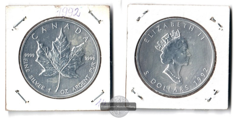  Kanada  5 Dollar  1992   Maple Leaf   FM-Frankfurt   Feinsilber: 31,1g   