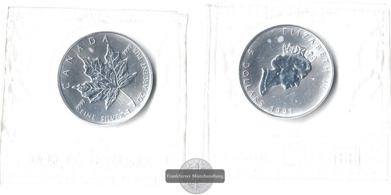  Kanada  5 Dollar  1991   Maple Leaf   FM-Frankfurt   Feinsilber: 31,1g   