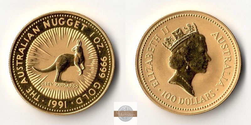 Australien MM-Frankfurt Feingold: 31,1g 100 Dollar Grey Kangaroo 1991 