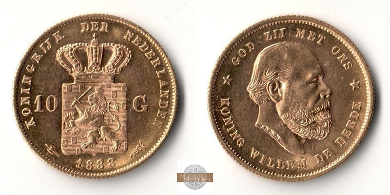Niederlande MM-Frankfurt  Feingold: 6,06g 10 Gulden 1880 
