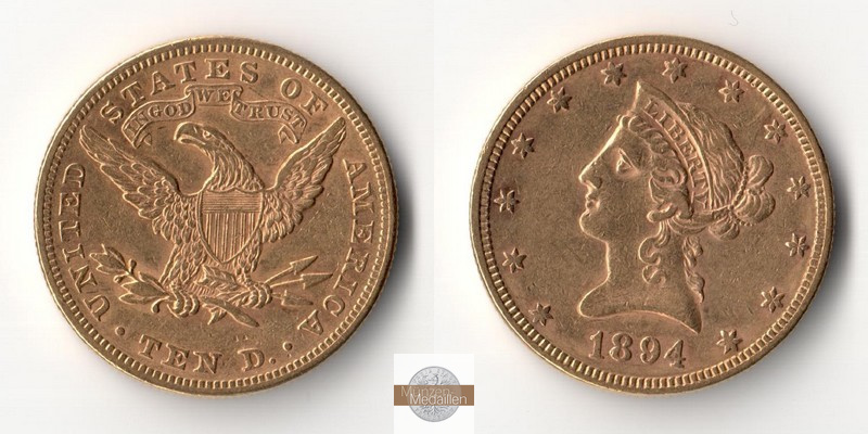 USA  10 Dollar MM-Frankfurt Feingold: 15,05g Kopf mit Krone 1894 