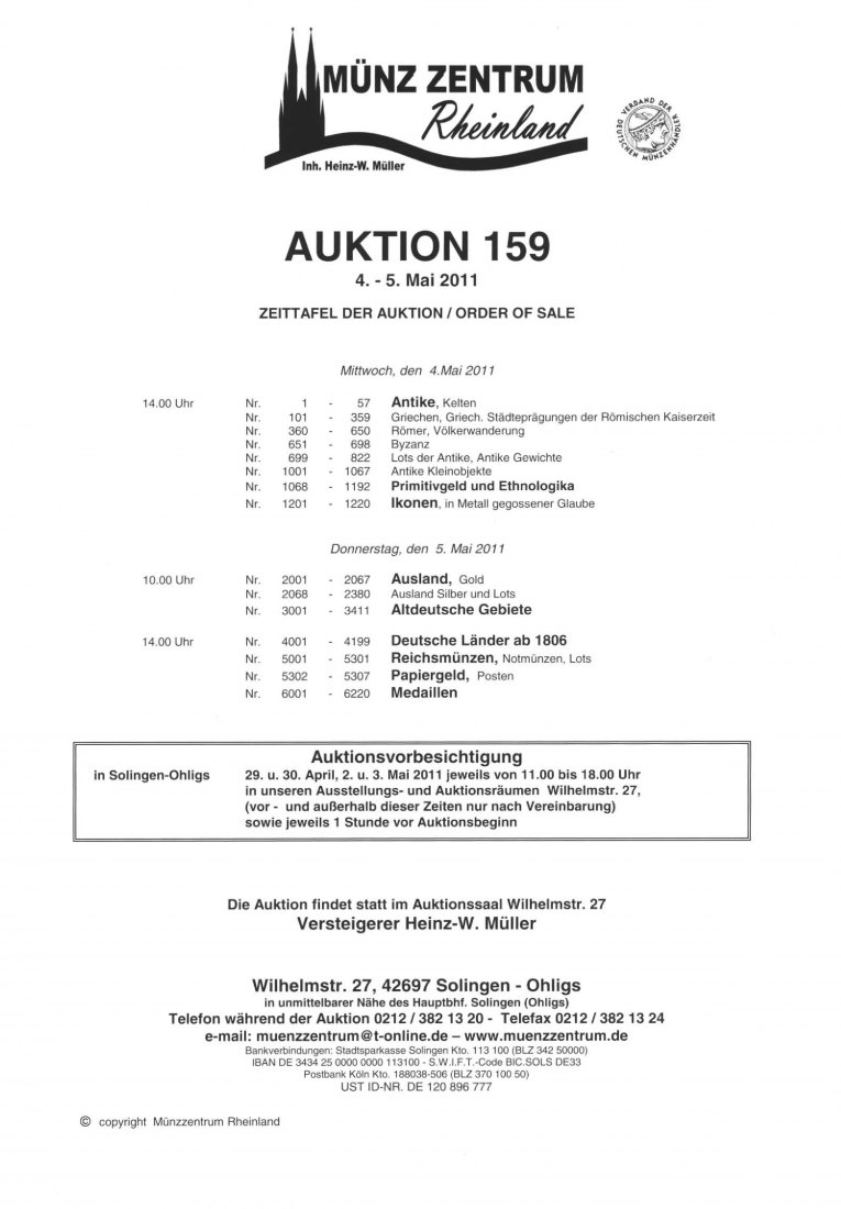  Münzzentrum (Köln) Auktion 159 (2011) Sammlungen Kelten ,Bayern ,Frankfurt ,Medaillen   