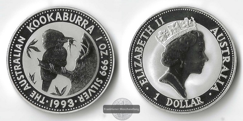  Australien,  1 Dollar  1993   Kookaburra     FM-Frankfurt    Feinsilber: 31,1g   