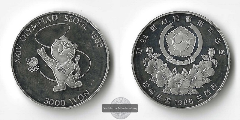  Korea-Süd,  5000 Won  1986  Olympics Seoul '88    FM-Frankfurt  Feinsilber: 15,55g   