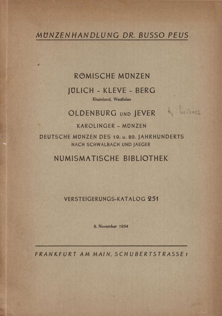  Busso Peus (Frankfurt) Auktion 251 (1954) Sammlung SCHULTEN Oldenburg & Jever / Jülich -Kleve -Berg   