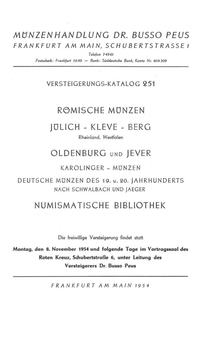  Busso Peus (Frankfurt) Auktion 251 (1954) Sammlung SCHULTEN Oldenburg & Jever / Jülich -Kleve -Berg   