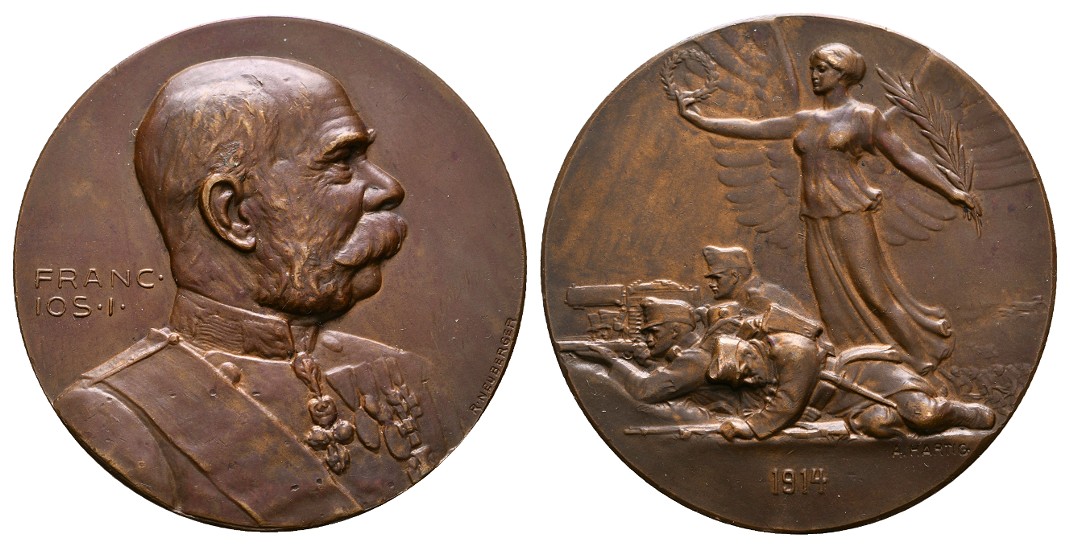  Linnartz 1.WELTKRIEG, Bronzemed. 1914 (v.M+W) Zum Kriegsbeginn, 50mm, 53,46gr, vz+   