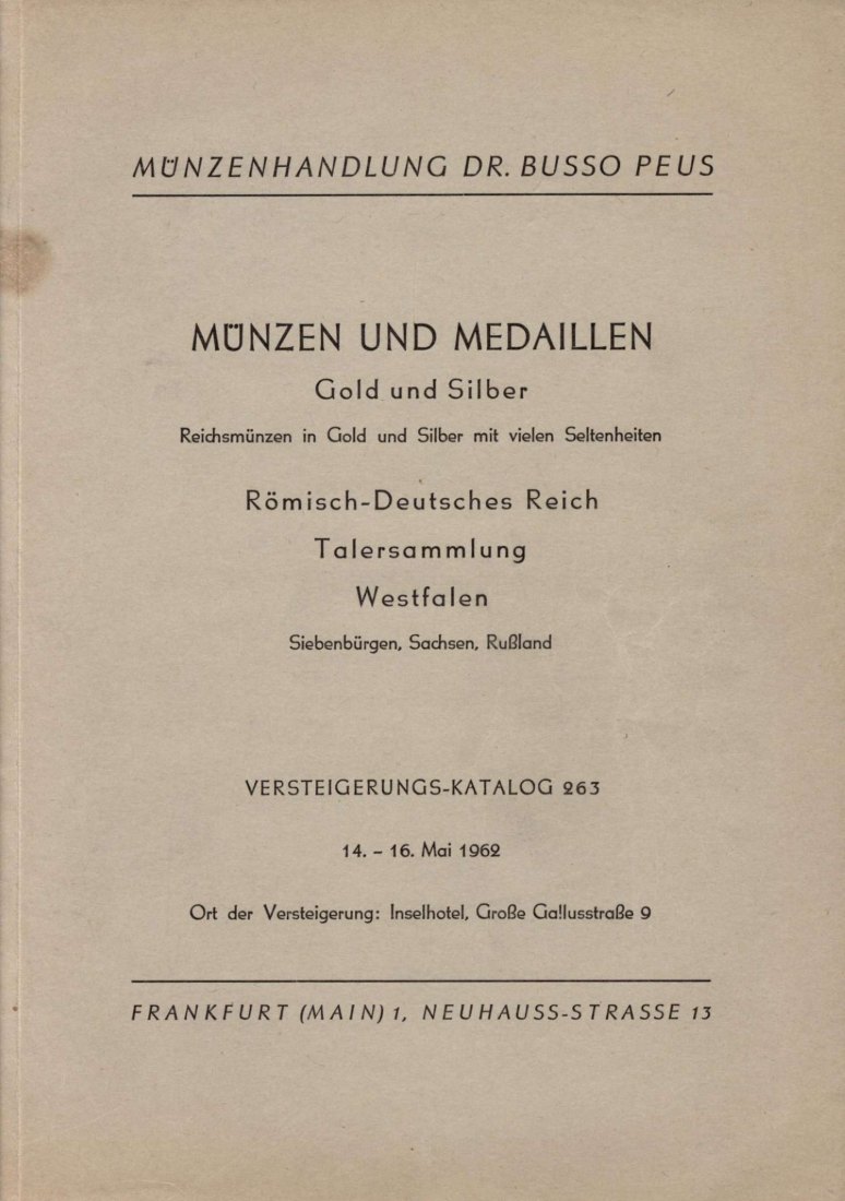  Busso Peus (Frankfurt) Auktion 263 (1962) Talersammlung ,Westfalen ,Siebenbürgen ,Sachsen & Russland   