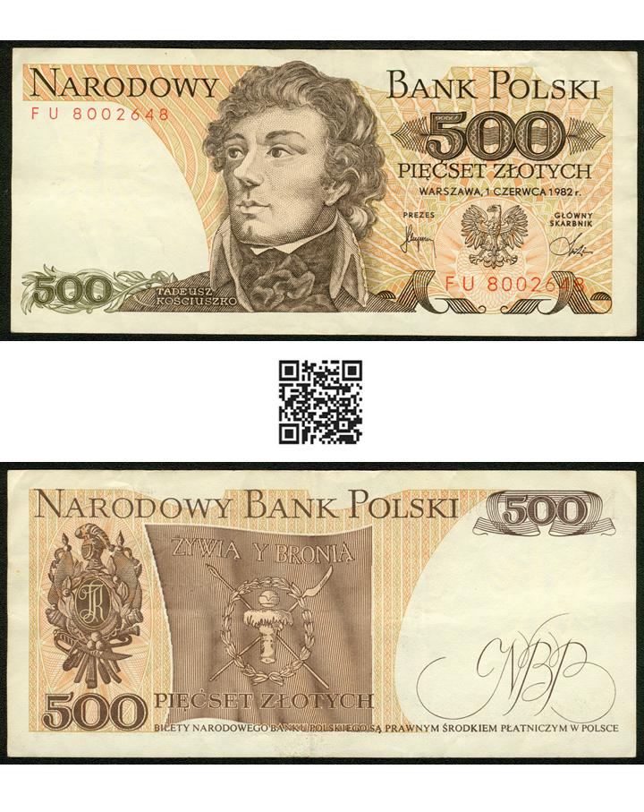  Polen 500 Zloty 1982 rote Serie FU und Kenn Nr.8002648(7stellig) Tadeusz Kosciuszko - Flemming   