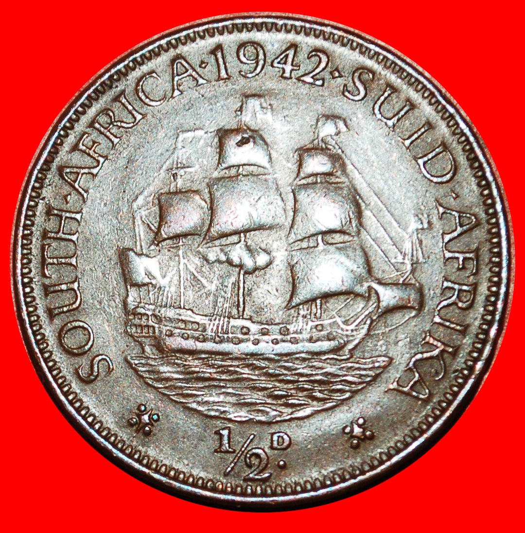 * SCHIFF (1937-1947): SÜDAFRIKA ★ 1/2 PENNY 1942 KRIEGSZEIT (1939-1945)! OHNE VORBEHALT!