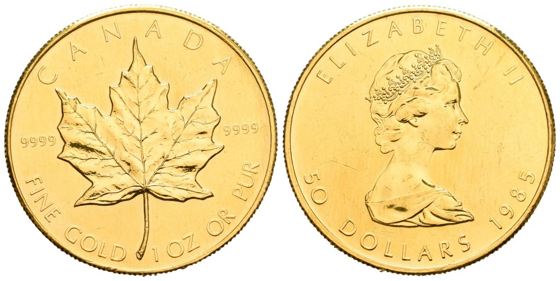 PEUS 6651 Kanada 31,1 g Feingold. Maple Leaf 50 Dollars GOLD Unze 1985 Kl. Kratzer, Vorzüglich