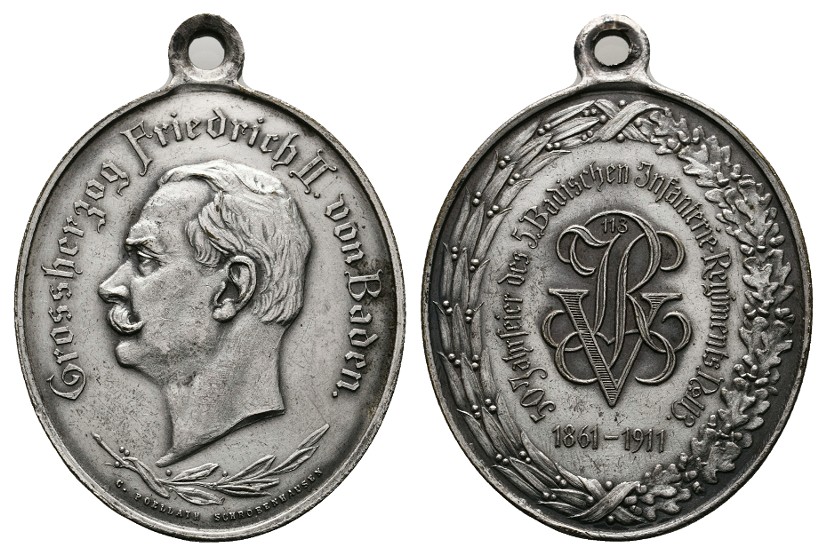  Linnartz BADEN Versilberte Medaille 1911, 50 Jahrfeier 5. Inf. Regiment, 17,85gr., vz   