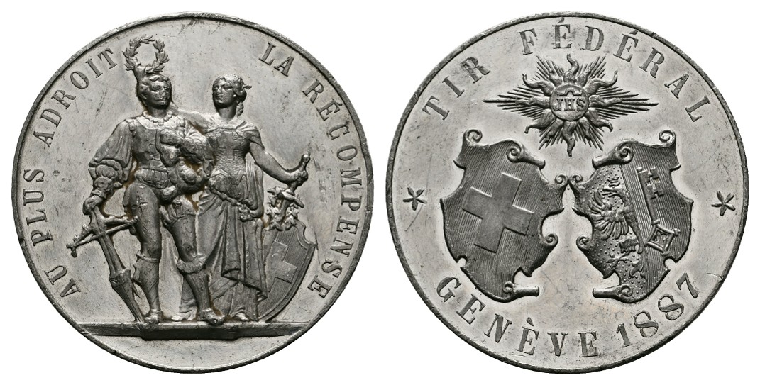  Linnartz SCHWEIZ, GENF, Weißmetall Schützenmed. 1887, 200 Exemplare bekannt. Rich 636c, vz-vz+   