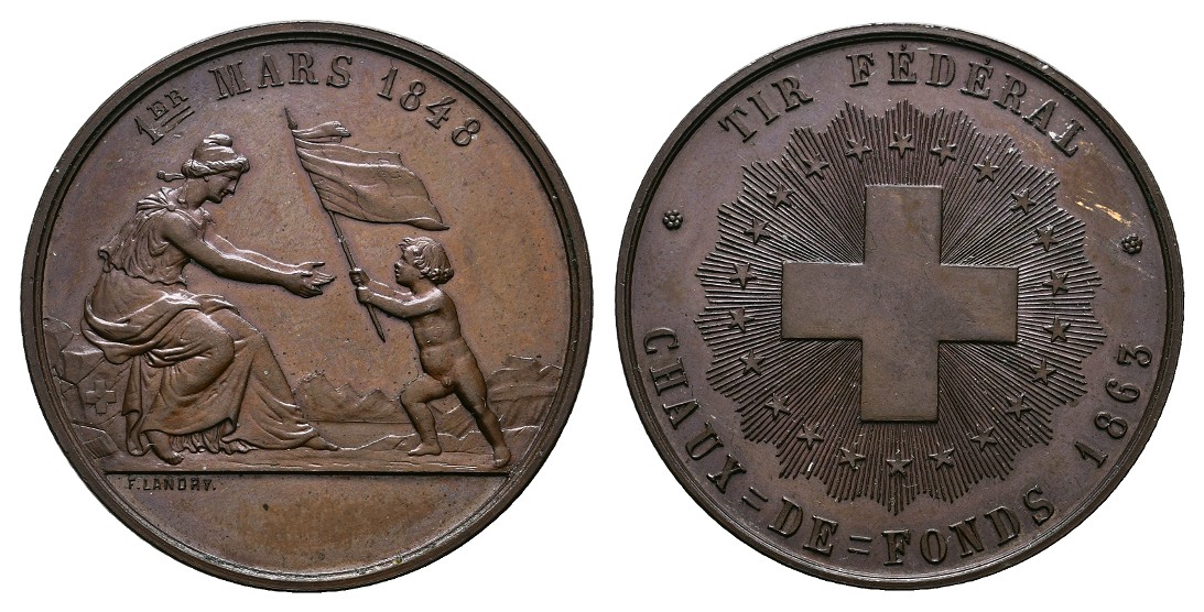  Linnartz SCHWEIZ, NEUCHATEL, Bronze Schützenmed. 1863, 200 Exemplare bekannt. Rich 945c, f.st   