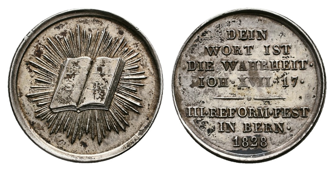  Linnartz SCHWEIZ, BERN, Silberabschlag 2 Dukaten 1828, 300 Jahrf. Reformation, vz+   