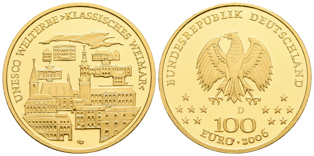 PEUS 6674 BRD 15,55 g Feingold. Weimar OHNE Etui + Zertifikat 100 Euro GOLD 2006 D München Stempelglanz (in Kapsel)