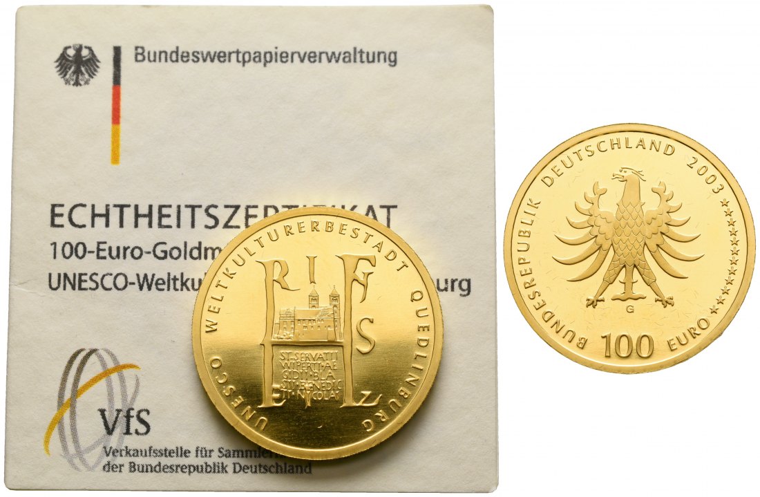 PEUS 6673 BRD 15,55 g Feingold. Quedlinburg mit Zertifikat OHNE Etui 100 Euro GOLD 2003 G Karlsruhe Stempelglanz (Kapsel)