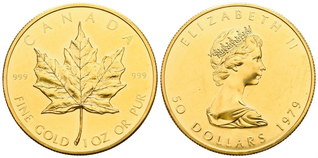 PEUS 6687 Kanada 31,1 g Feingold. Maple Leaf 50 Dollars GOLD Maple Leaf Unze 1979 Winzige Kratzer, fast Stempelglanz