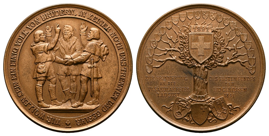  Linnartz SCHWEIZ, Bronzemed.1891,(v.Lauer) VI. Säcularfeier Eidgenossenbund, 50mm, 51,06 f.st   