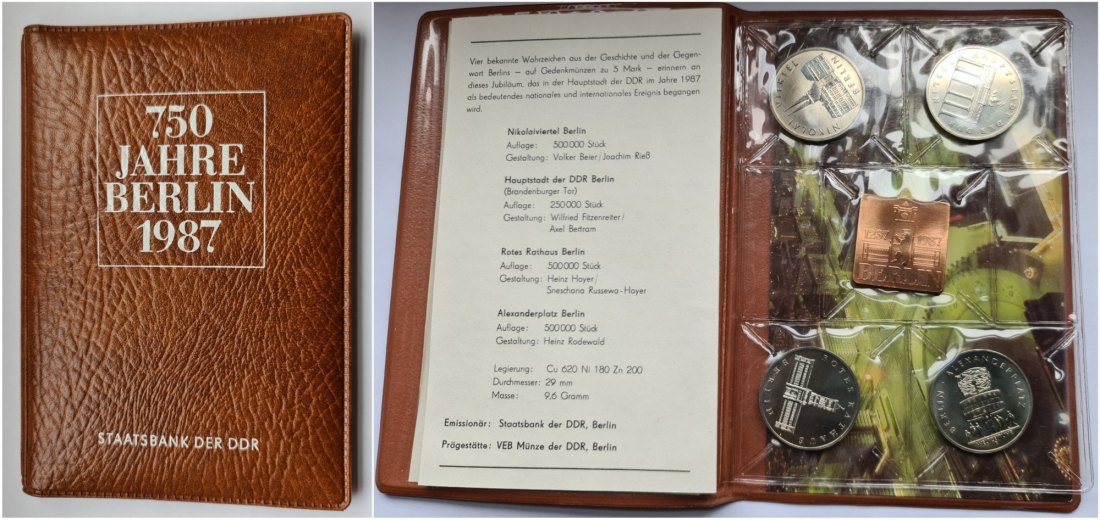 DDR Gedenkmünzensatz 750 Jahre Berlin 4 x 5 Mark + Kupferplatte STGL im Kunstleder Folder