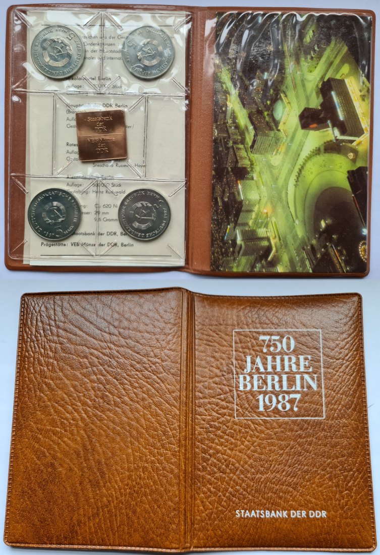  DDR Gedenkmünzensatz 750 Jahre Berlin 4 x 5 Mark + Kupferplatte STGL im Kunstleder Folder   