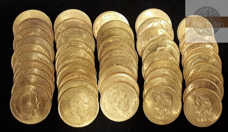 Niederlande MM-Frankfurt  Feingold: je 6,06g zusammen 303g 50 Stück 10 Gulden 1875 -1933 