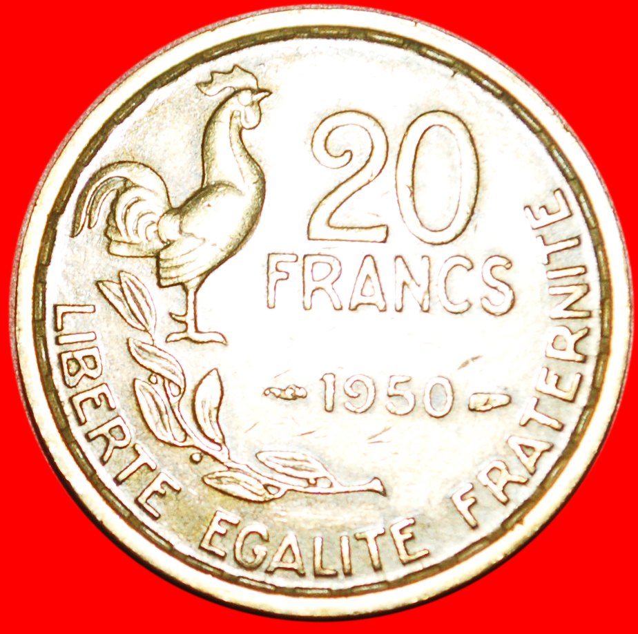  *• 4 PLUMES!!!★ FRANCE ★  20 FRANCS 1950 COCK! LOW START ★ NO RESERVE!   