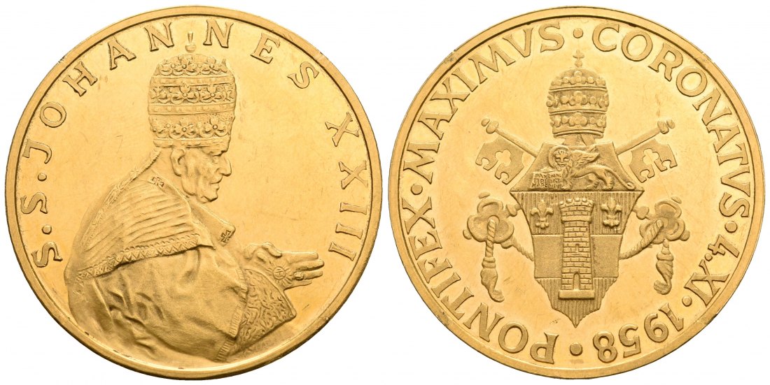 PEUS 6712 Vatikan 36 mm / 14,5 g Feingold. Papst Johannes XXIII. / Wappen Goldmedaille 1958 Kl. Kratzer, Vorzüglich +