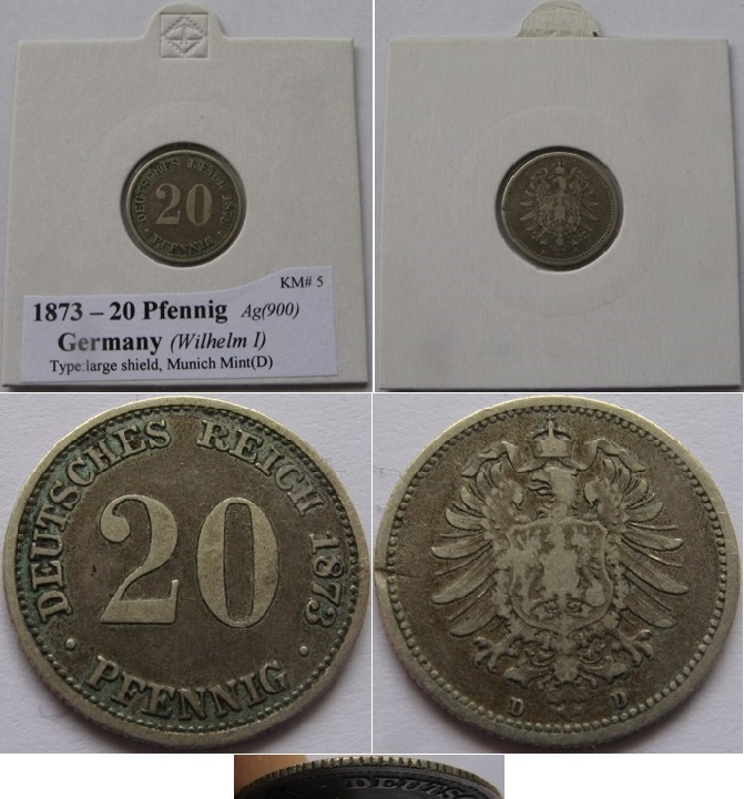  1873, Deutschland, 20 Pfennig (Wilhelm I, großer Schild), Silbermünze   