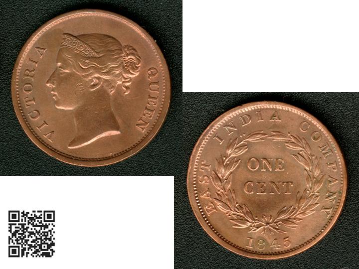  East India Company Queen Victoria One Penny 1845, gereinigt vz - Flemming   
