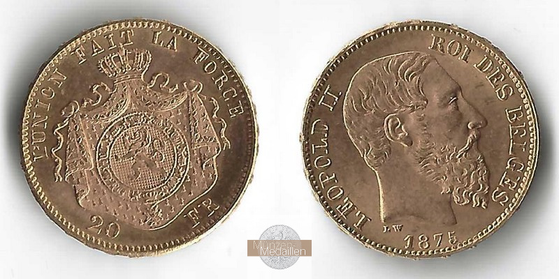 Belgien  20 Francs MM-Frankfurt Feingold: 5,81g Leopold II. 1865-1909 1875 