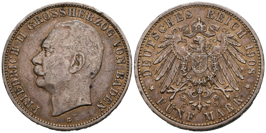 PEUS 6639 Kaiserreich - Baden Friedrich II. (1907 - 1918) 5 Mark 1908 G Sehr schön