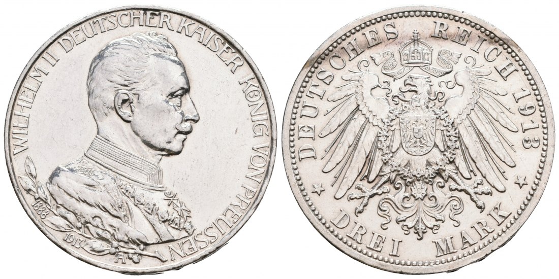 PEUS 6748 Preußen - Kaiserreich 25jähriges Regierungsjubiläum Wilhelm II. in Uniform 3 Mark 1913 A Kl. Kratzer, Vorzüglich