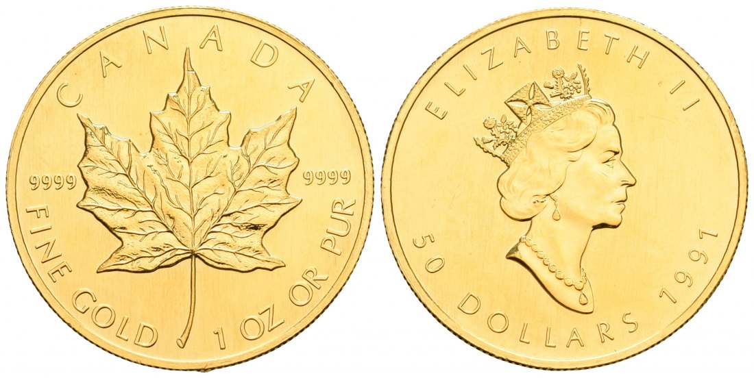 PEUS 6758 Kanada 31,1 g Feingold. Maple Leaf 50 Dollars GOLD Unze 1991 Kl. Kratzer, Vorzüglich +