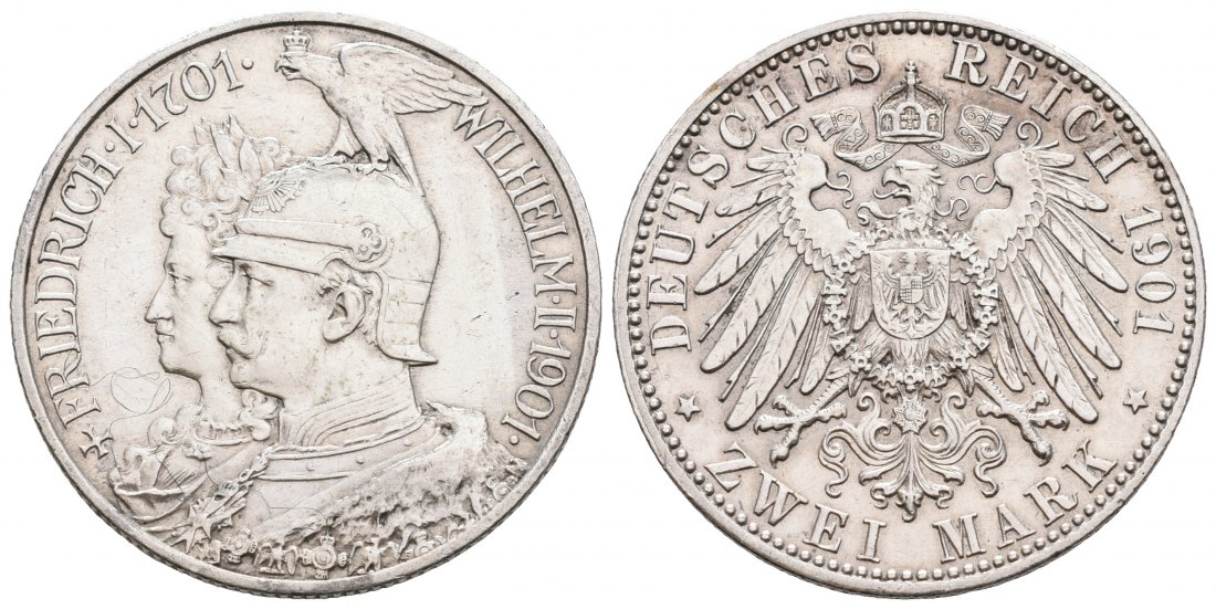 PEUS 6760  Kaiserreich - Preußen 200jähriges Jubiläum. Friedrich I. + Wilhelm II. 2 Mark 1901 A Kl. Kratzer, Vorzüglich