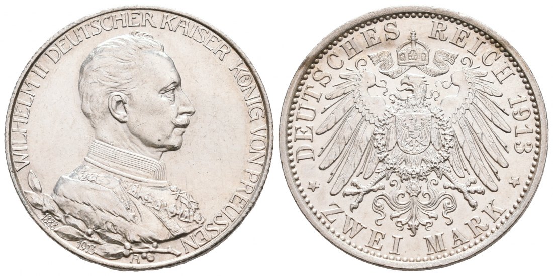 PEUS 6761 Preußen - Kaiserreich 25jähriges Regierungsjubiläum Wilhelm II. in Uniform 2 Mark 1913 A Kl. Kratzer, Vorzüglich