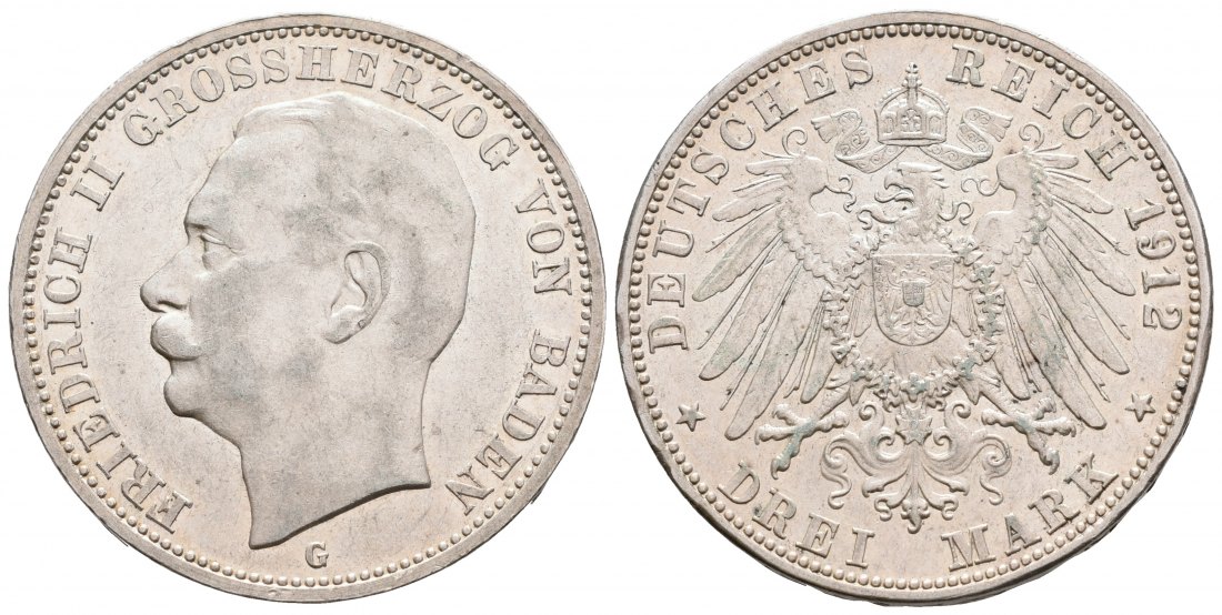 PEUS 5702 Kaiserreich - Baden Friedrich II. (1907 - 1918) 3 Mark 1912 G Kl. Kratzer, fast Vorzüglich