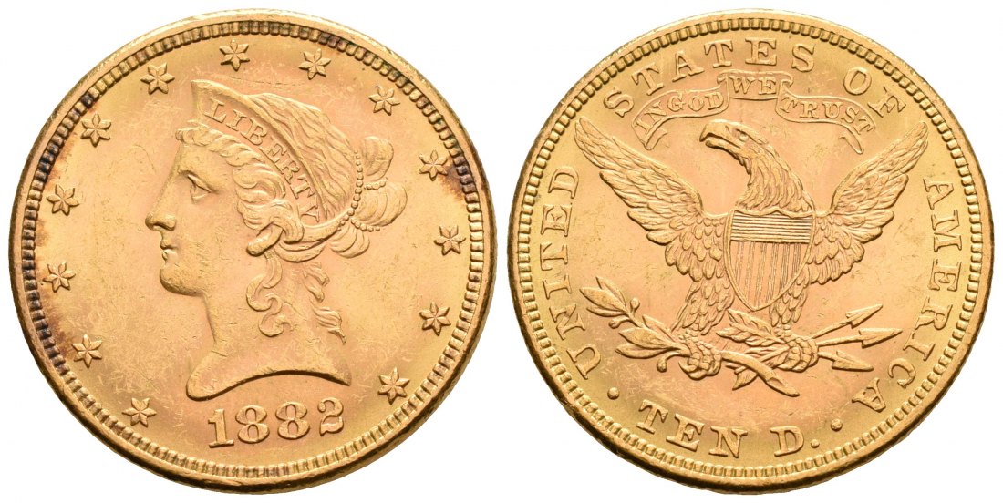 PEUS 6771 USA 15,05 g Feingold. Coronet Head 10 Dollars GOLD 1882 Kl. Kratzer, fast Vorzüglich