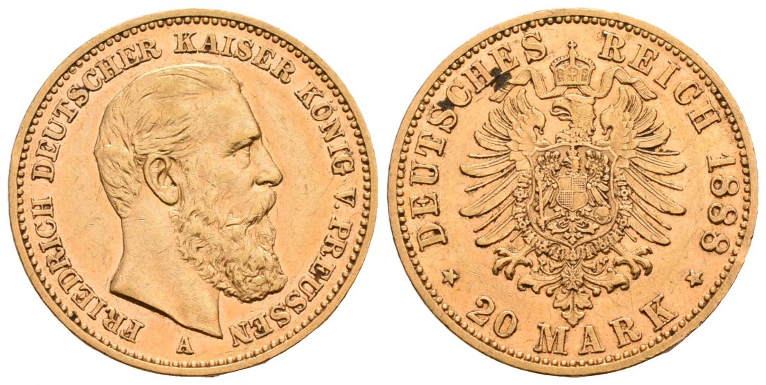 PEUS 6777 Kaiserreich - Preußen 7,16 g Feingold. Friedrich III.(09.03. - 15.06.1888) 20 Mark GOLD 1888 A Kl. Kratzer, Sehr schön