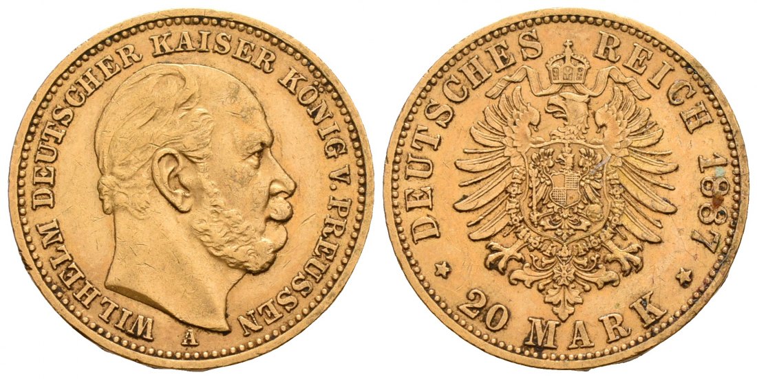 PEUS 6780 Kaiserreich - Preußen 7,16 g Feingold. Wilhelm I. (1861 - 1888) 20 Mark GOLD 1887 A Berlin Kl. Kratzer, Sehr schön
