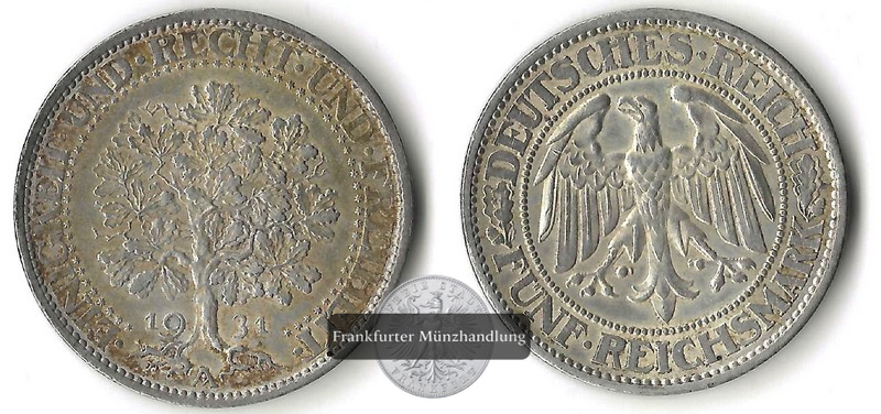  Deutschland, Weimarer Rep. 5 Reichsmark 1931 A FM-Frankfurt  Feingewicht: 12,5g Silber sehr schön/vz   